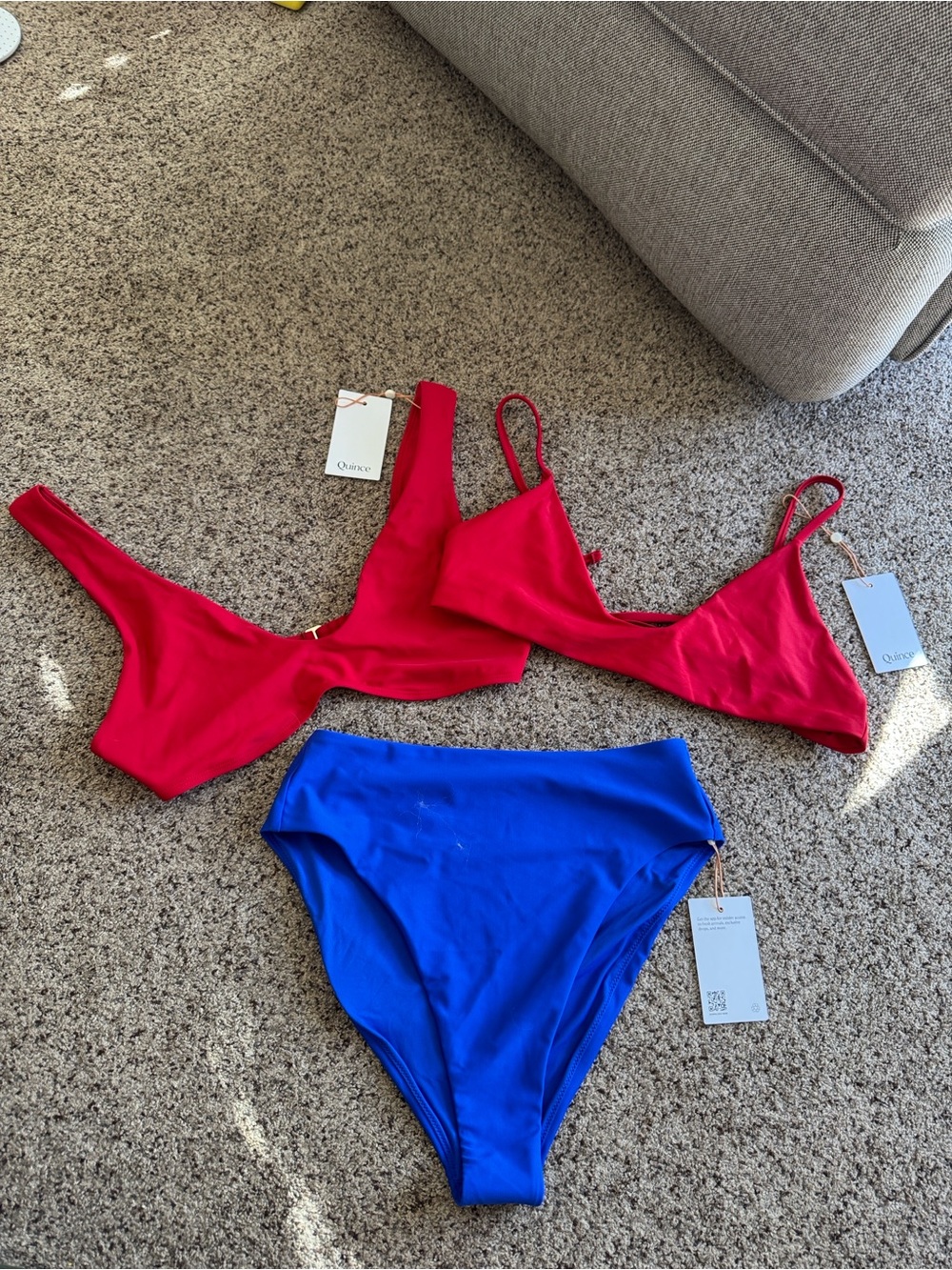 Quince Two Red Bikini Tops with Bright Blue High-Waist Bikini Bottom